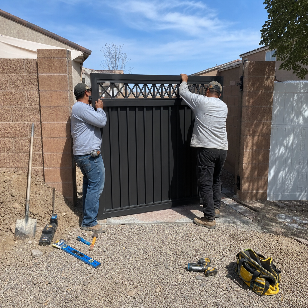 Gate installation professionals installing a black metal gate