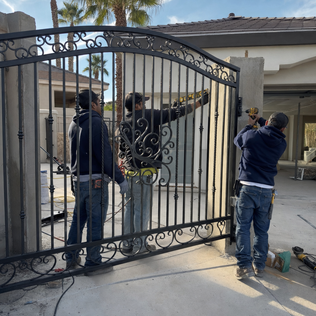 Man installing wrought iron gate on pillar