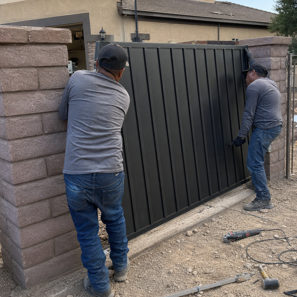 Professional gate installation of a black metal gate on brick pillars.