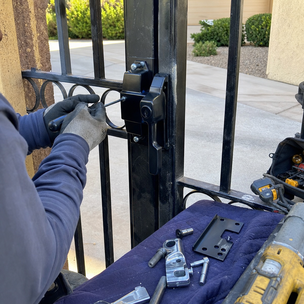 Gate repair person working on black metal gate lock with screwdriver.