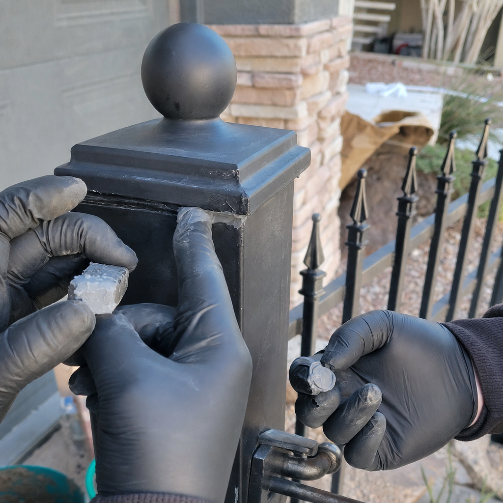 Gate repair sealant application on black metal post.