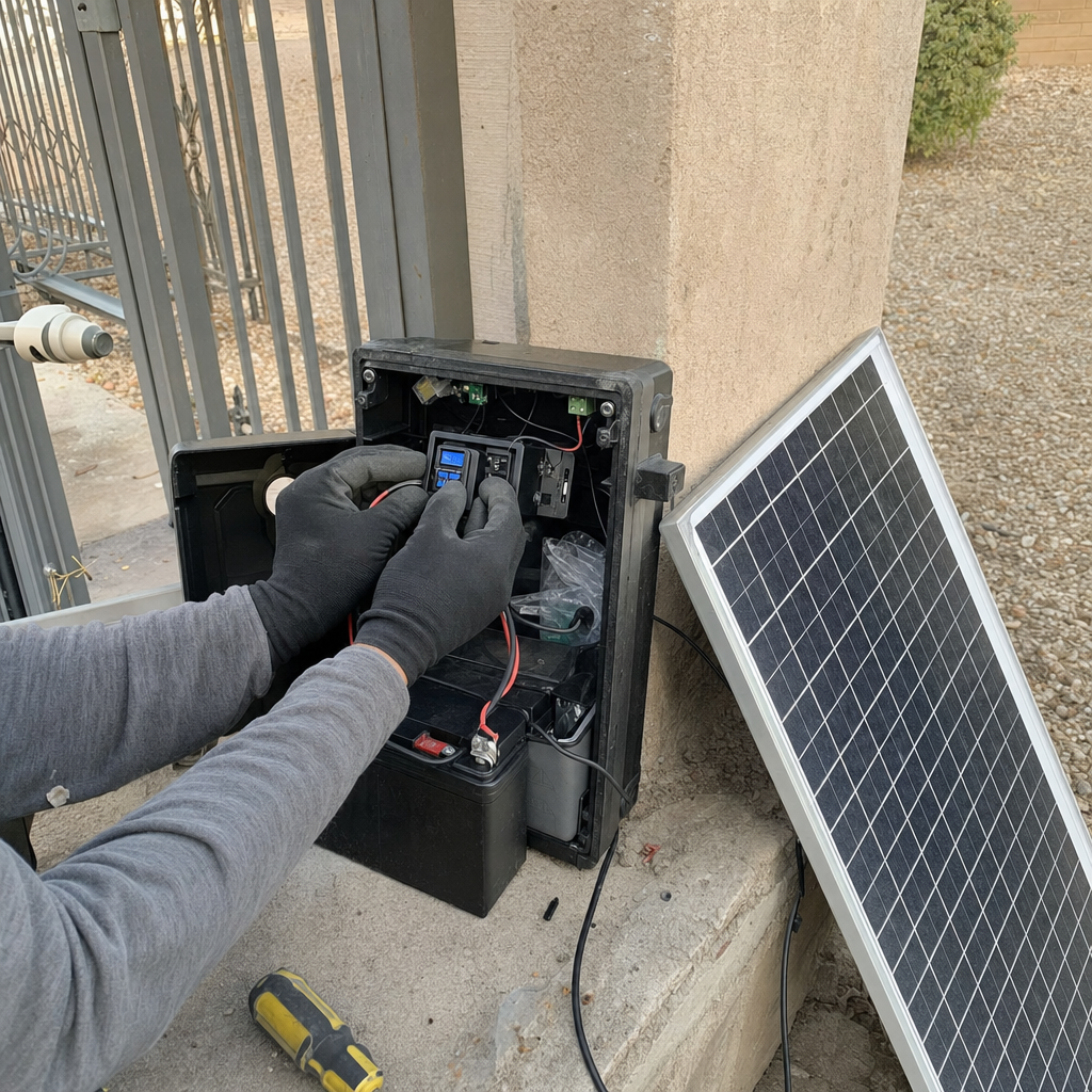 Gate access control system installation with solar panel and battery in Las Vegas, NV