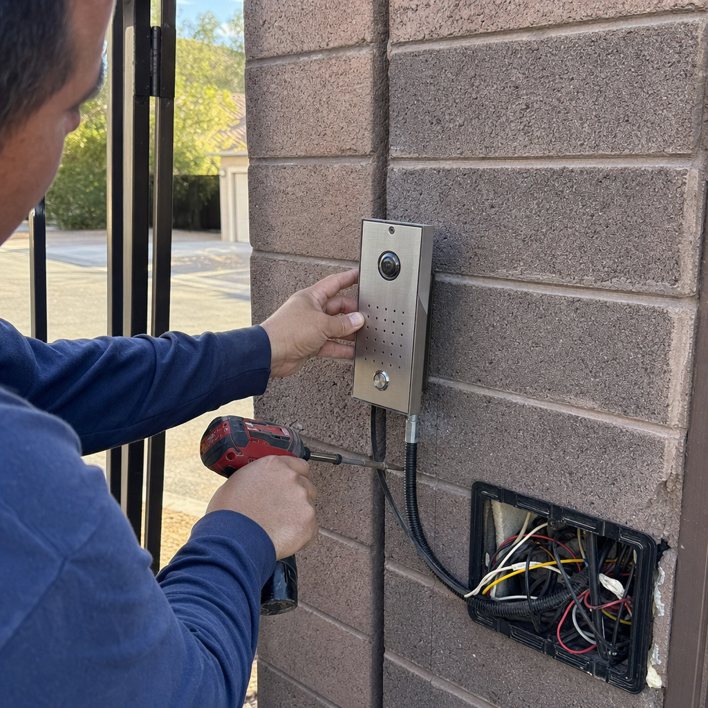 Gate access control installation technician drilling into wall in Las Vegas, NV