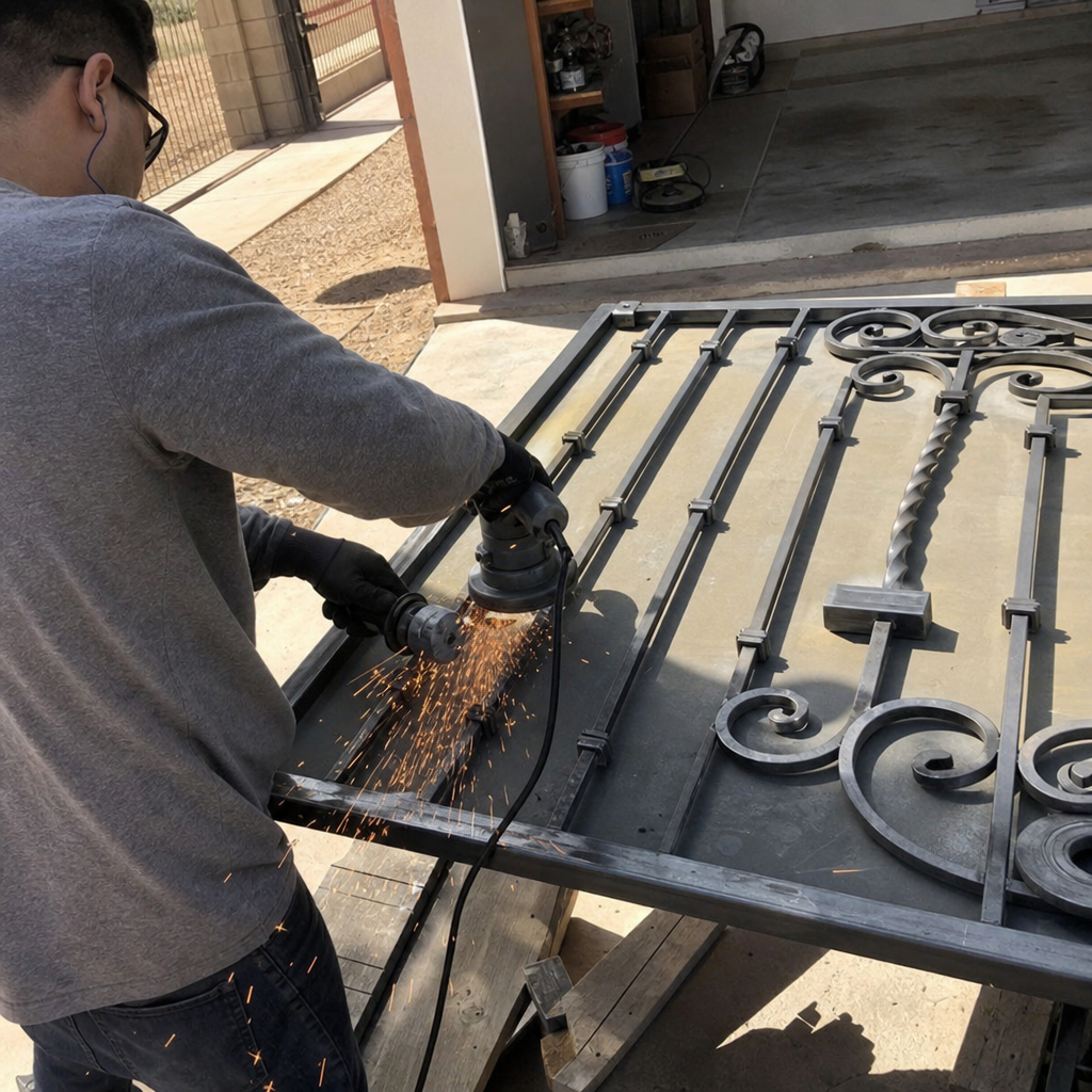 Metalworker grinding iron gate, welding gate parts in Nellis Air Force Base, NV