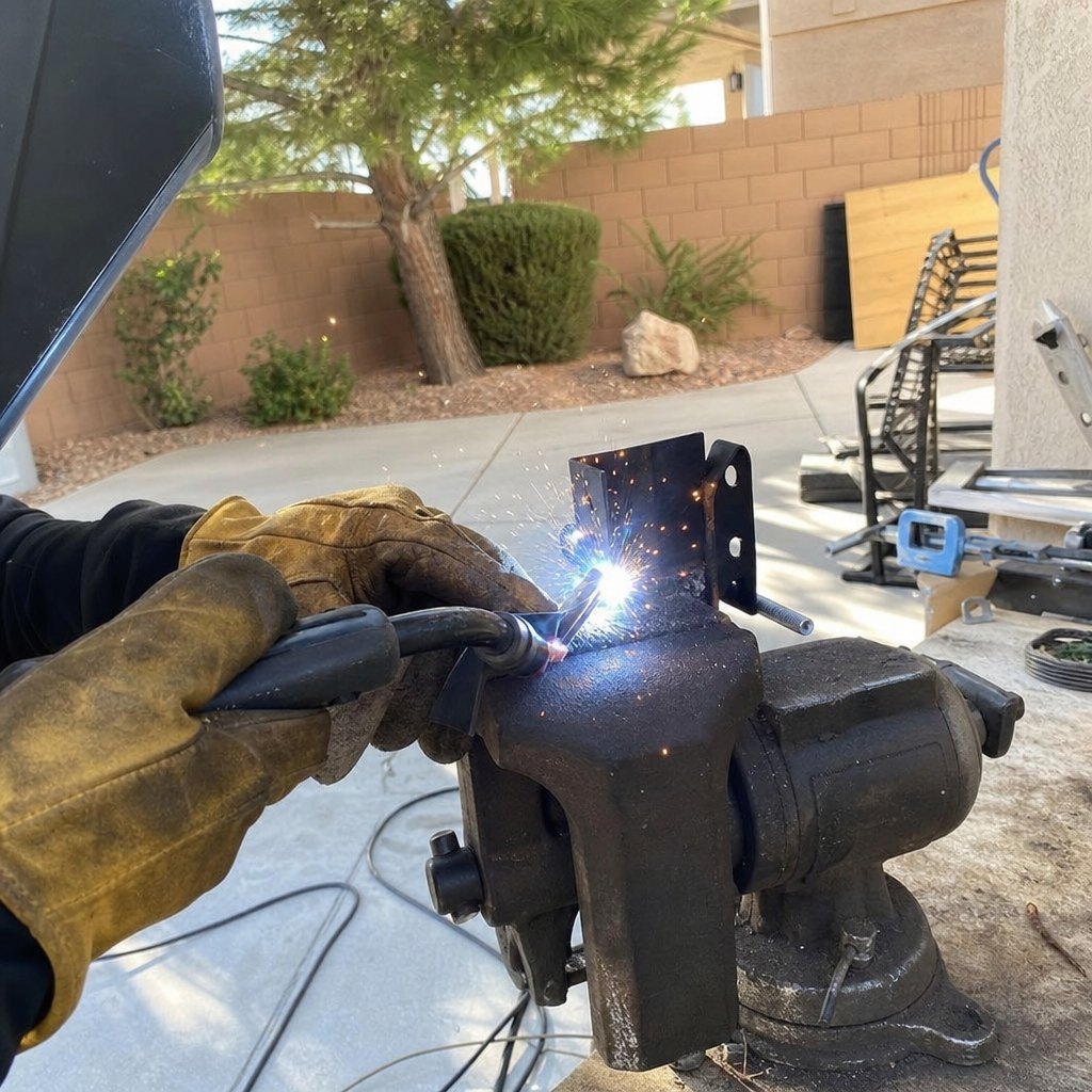 Welder repairing gate parts with welding in Nellis Air Force Base, NV